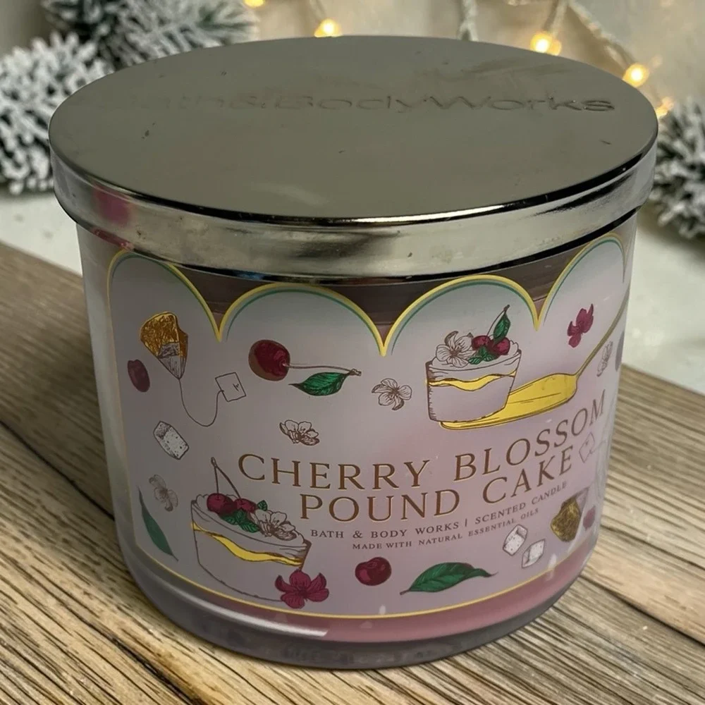 Bath & Body Works Cherry Blossom Pound Cake 3 Wick Scented Candle  14.5 oz